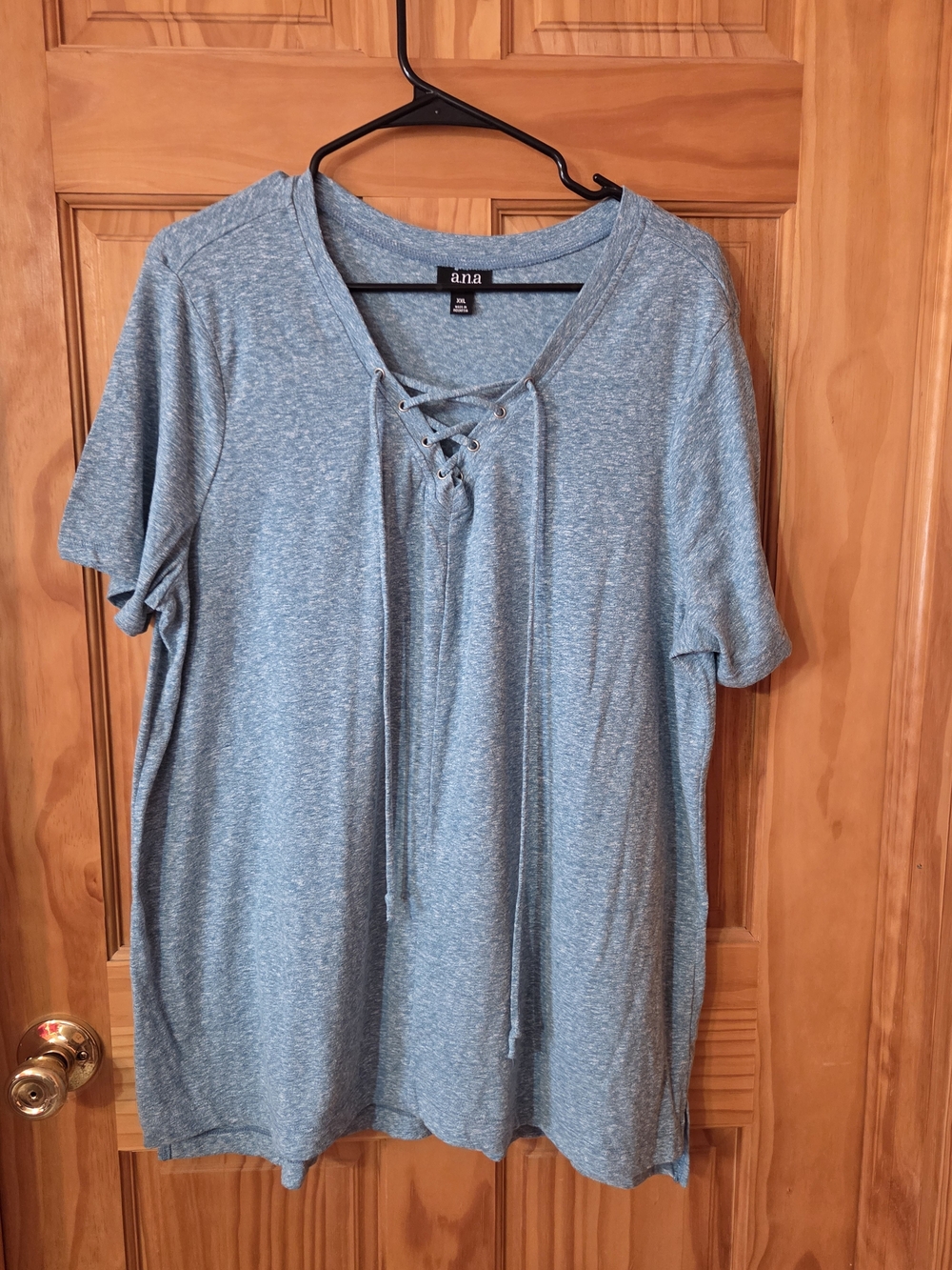 a.n.a Heathered Light Blue Lace-Up V-Neck Short Sleeve Top